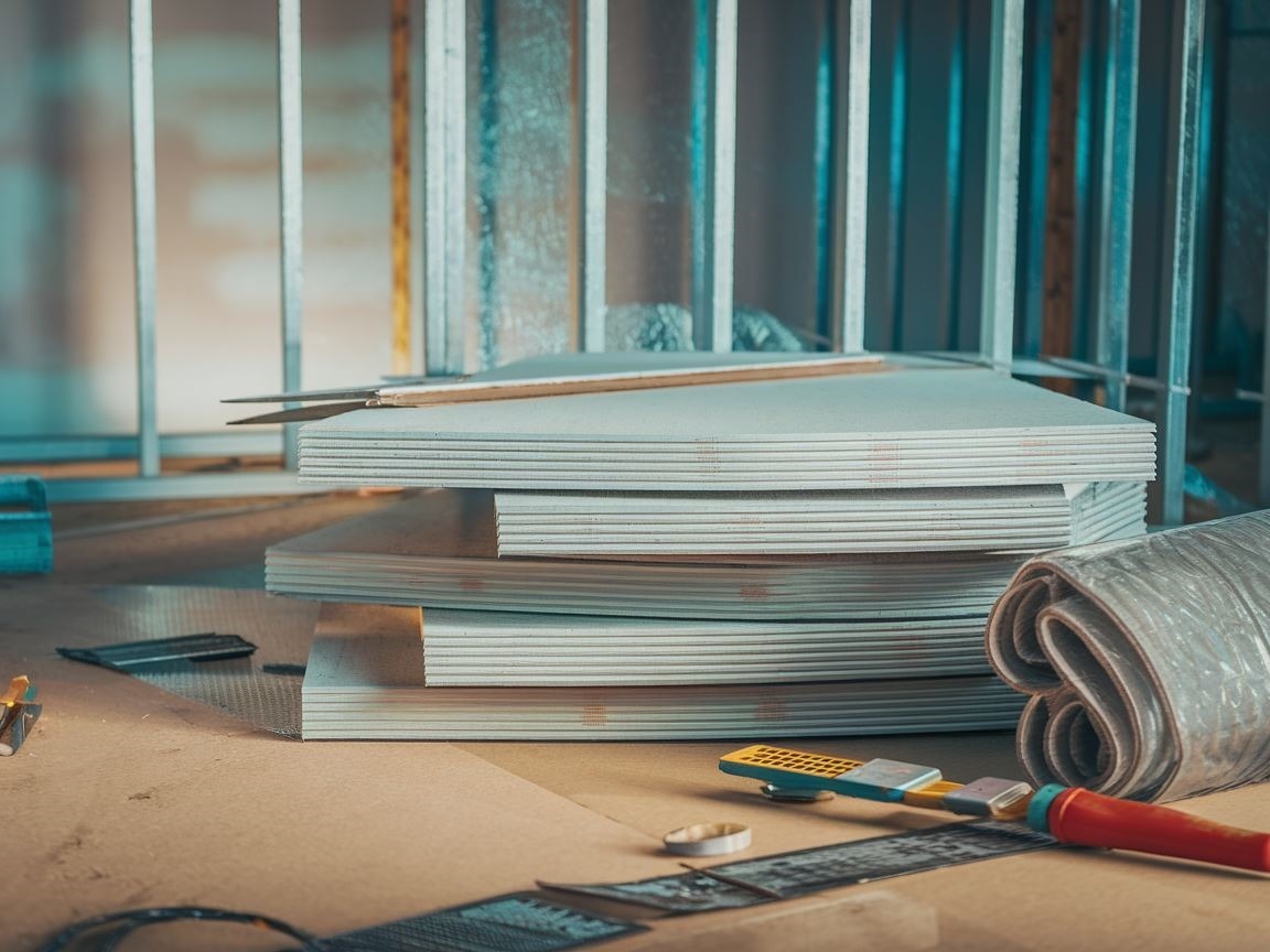 Płyty gipsowe i materiały uszczelniające na budowie